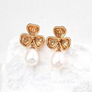 🍀 Artisan Original Clover & Pearl Drop Earrings | S925 Gold Floral
